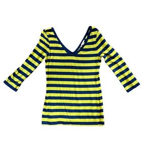 Banana Republic Navy Blue and Neon Yellow Striped V-Neck Shirt, Size Small